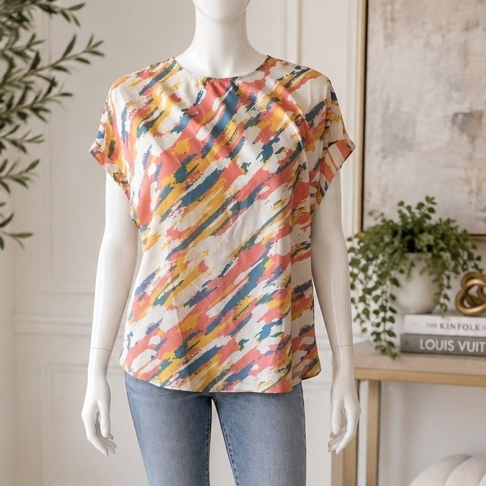 Gilli Womens Blouse Peach Blue Watercolor Abstract Print Dolman Sleeve Layering